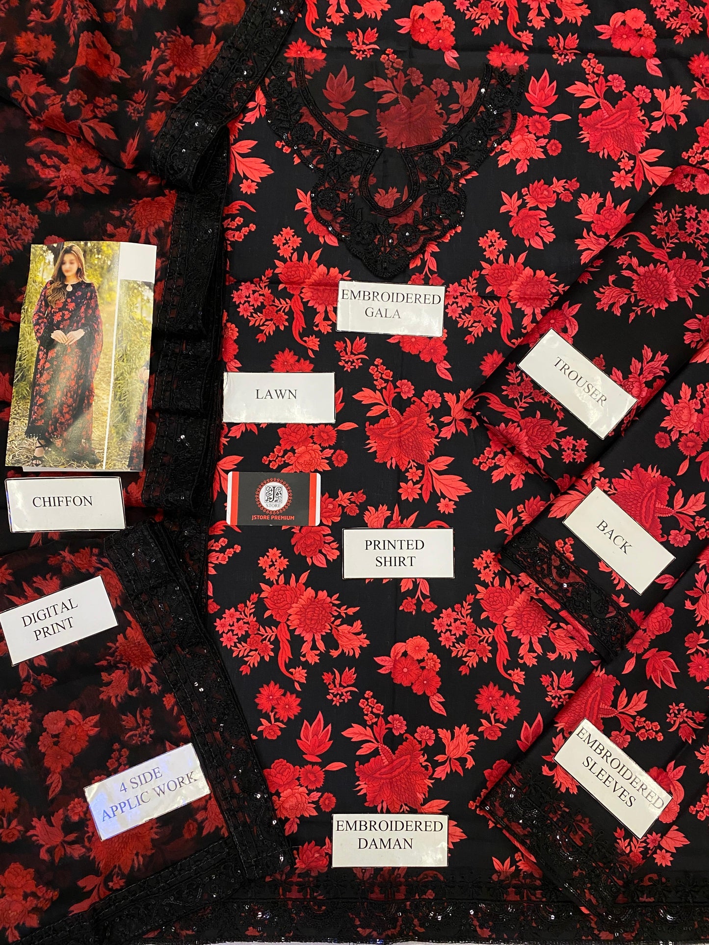 ANEELA LAWN BLACK LOVE |  WITH CHIFFON DUPATTA  |3PEC UNsTICHED