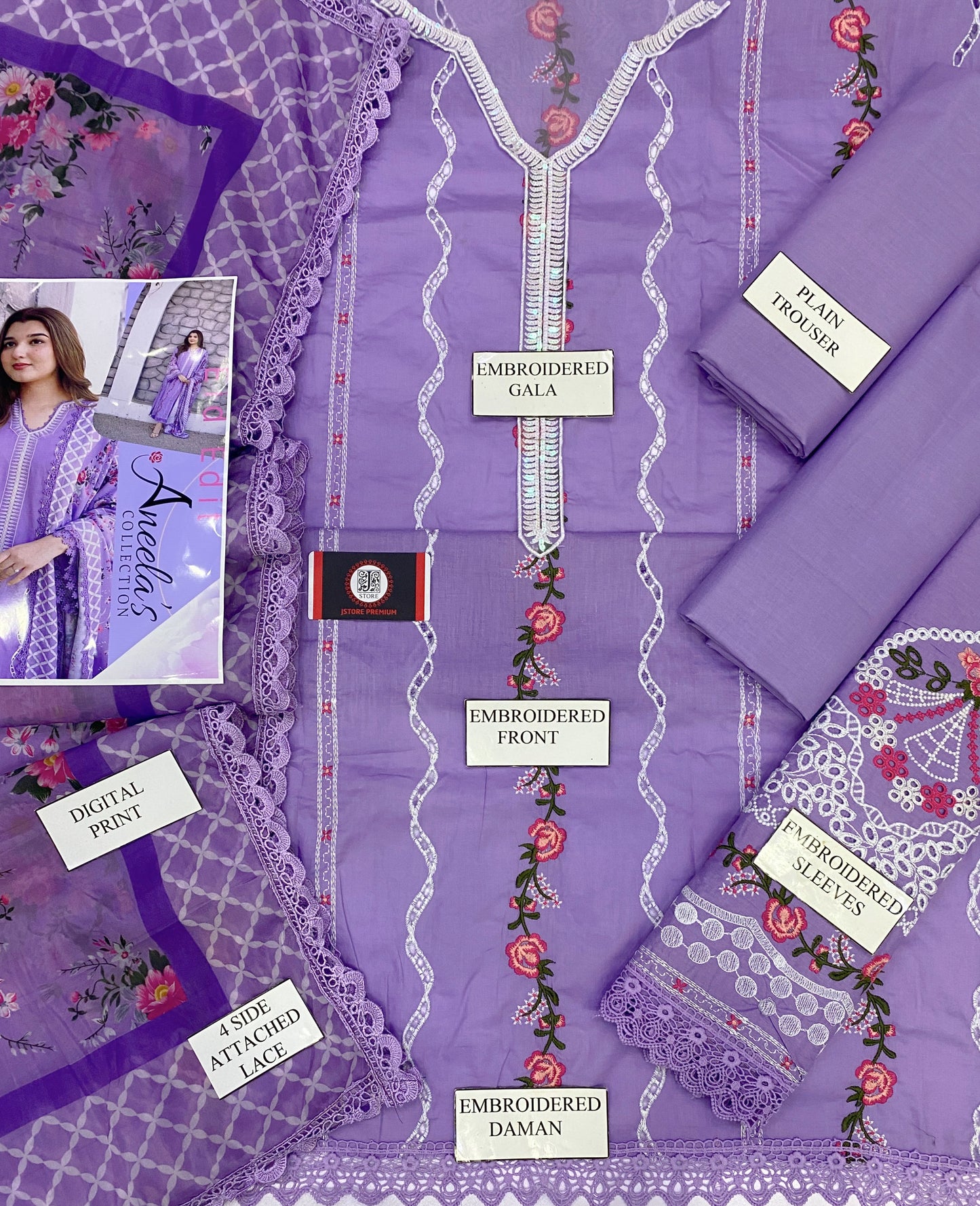 ANEELA CHIKENKARI NOOR | CHIKENKARI  SILK DUPATTA  |3PC UNSTICHED
