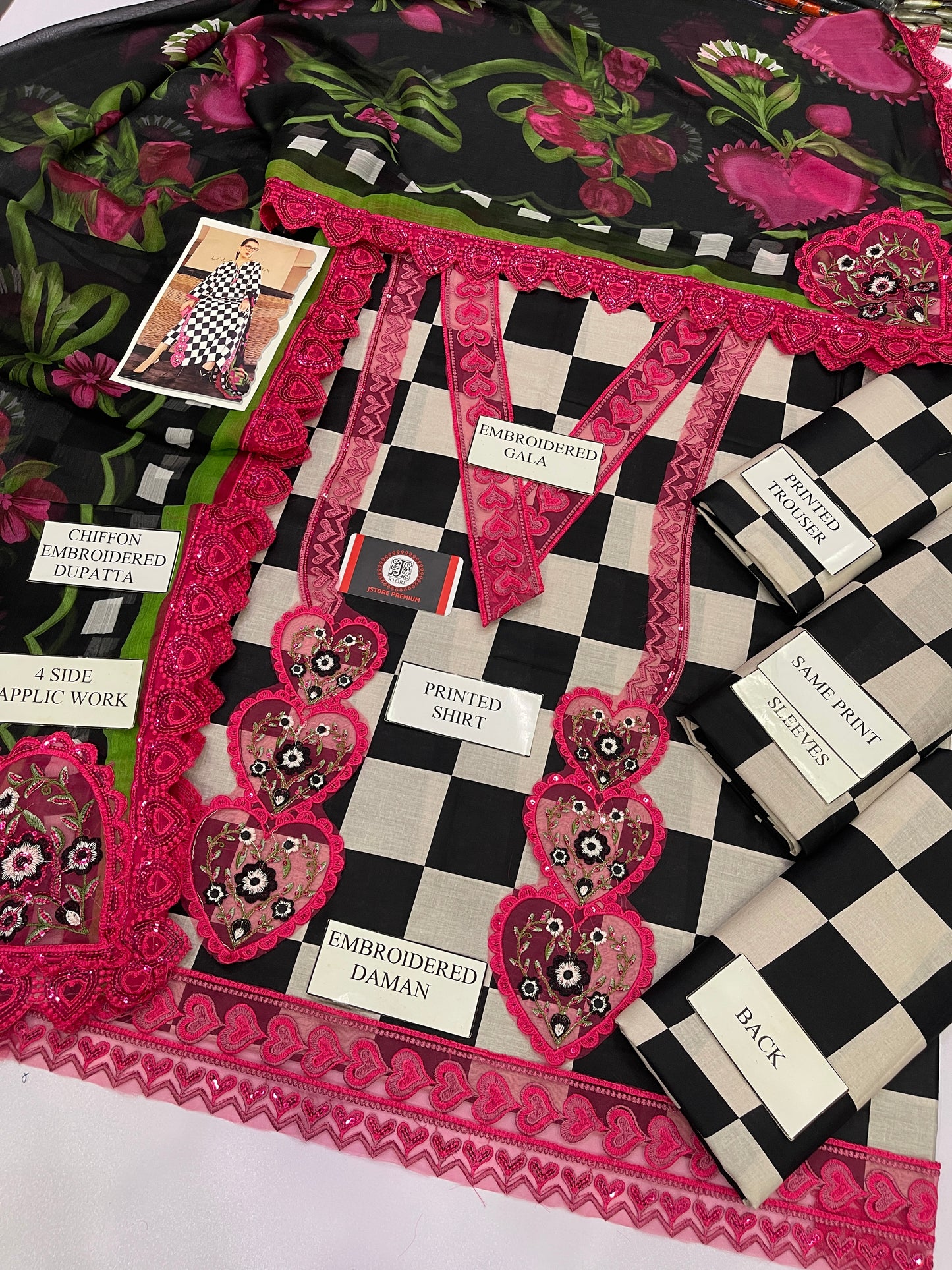 MARIAB PINK HEART |PRINTED LAWN WITH CHIFFON  DUPATTA  |3PC UNSTICHED