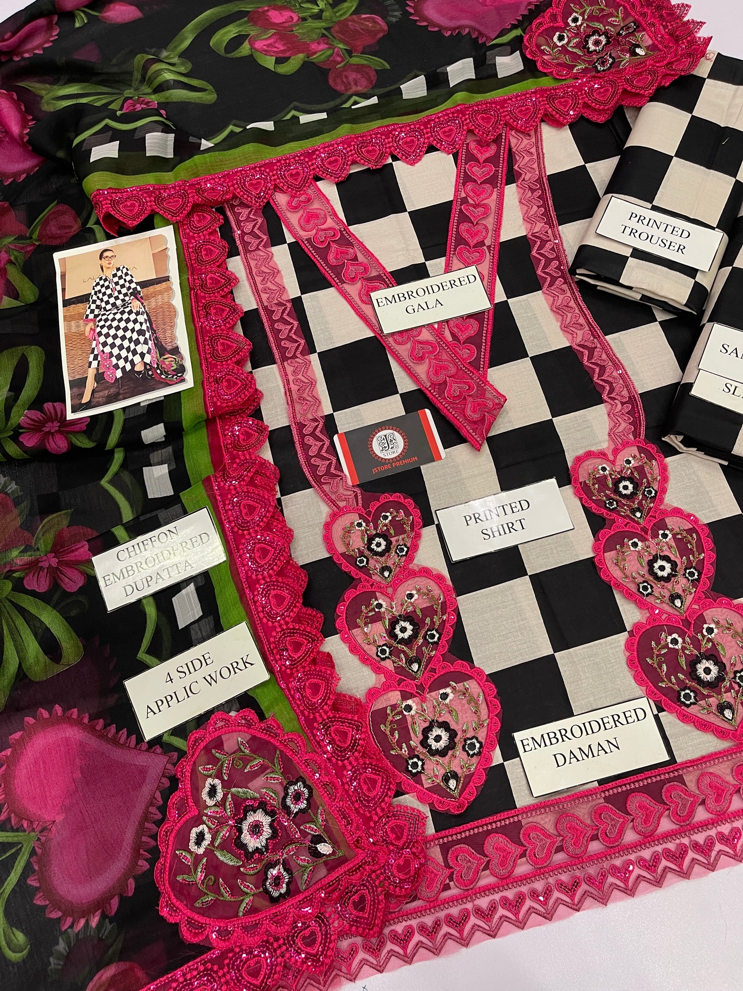 MARIAB PINK HEART |PRINTED LAWN WITH CHIFFON  DUPATTA  |3PC UNSTICHED