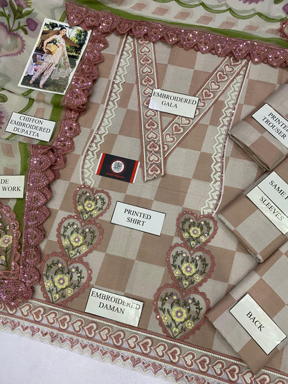 MARIAB BROWN HEART |PRINTED LAWN WITH CHIFFON  DUPATTA  |3PC UNSTICHED