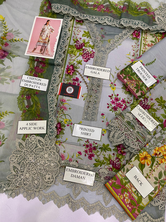 MARIAB GULROSE |PRINTED LAWN WITH CHIFFON  DUPATTA  |3PC UNSTICHED