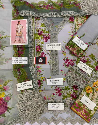 MARIAB GULROSE |PRINTED LAWN WITH CHIFFON  DUPATTA  |3PC UNSTICHED