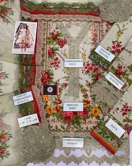 MARIAB GULROSE B |PRINTED LAWN WITH CHIFFON  DUPATTA  |3PC UNSTICHED