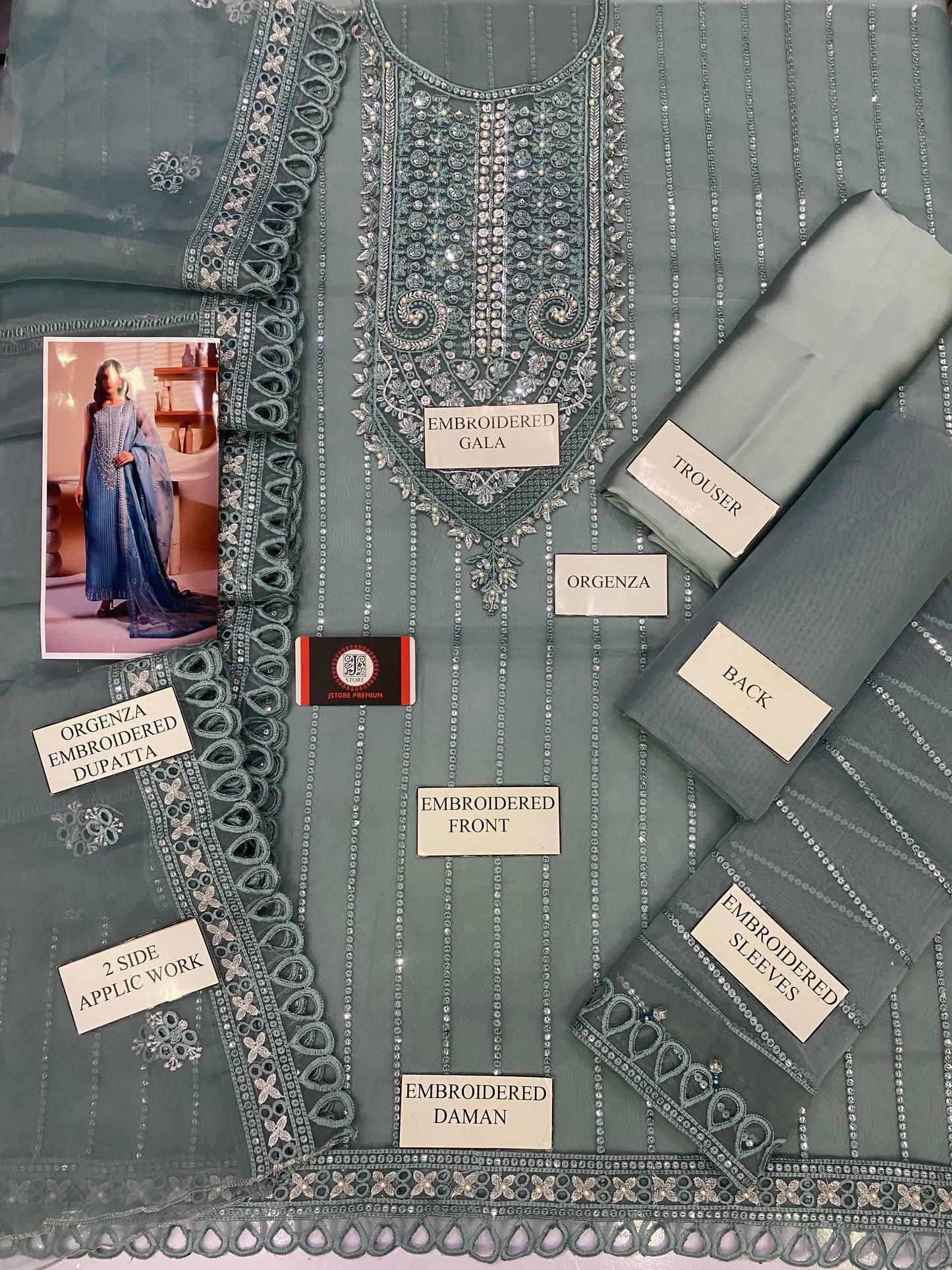 MARYAMS SMOKE GREEN FESTIVE |ORGENZA |3PC UNSTICHED