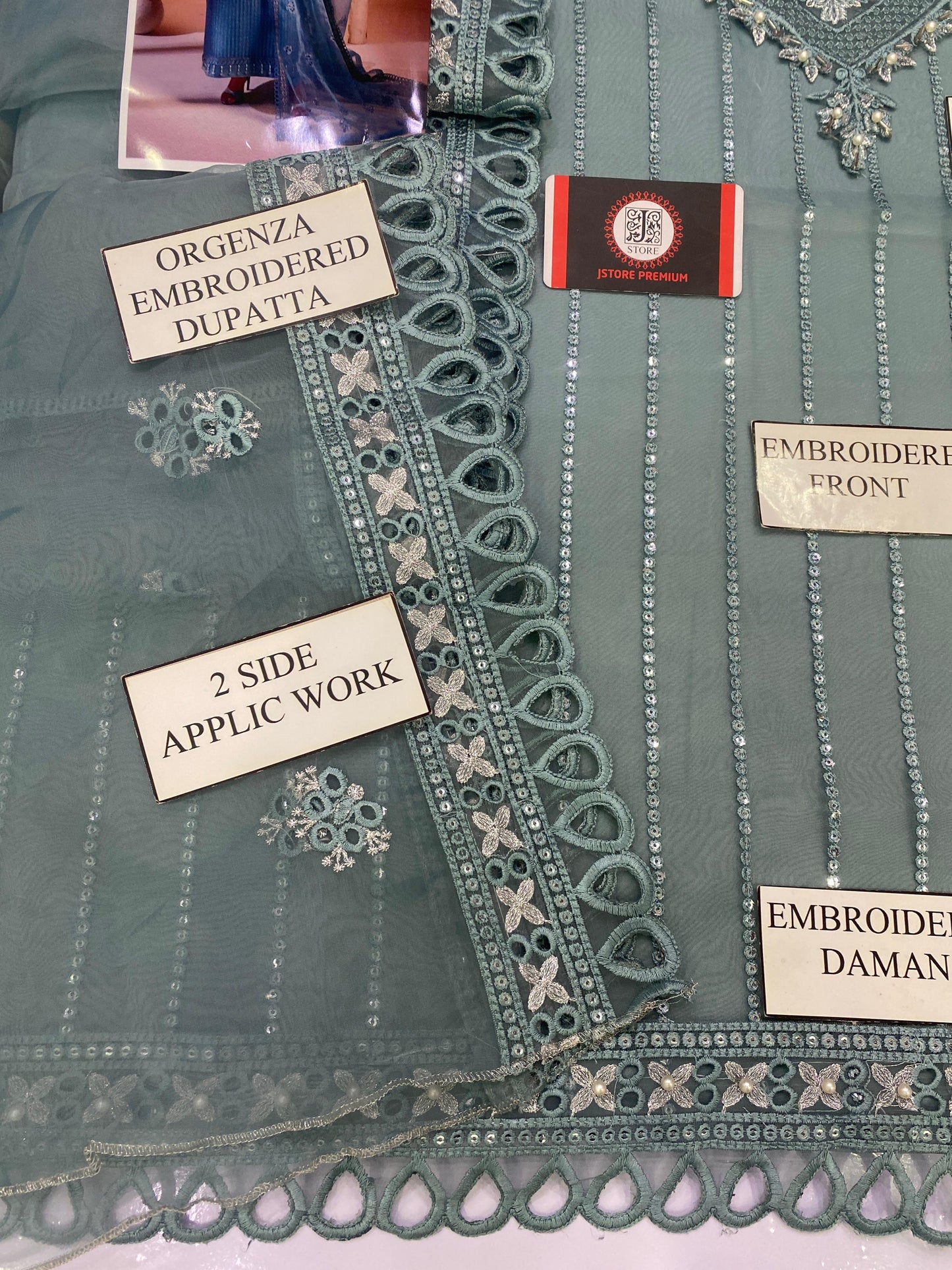 MARYAMS SMOKE GREEN FESTIVE |ORGENZA |3PC UNSTICHED