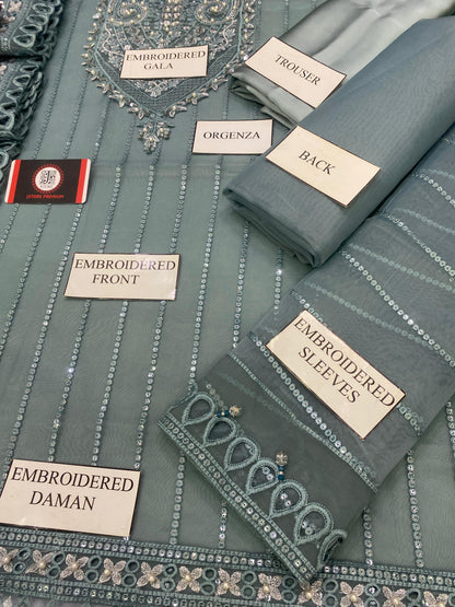 MARYAMS SMOKE GREEN FESTIVE |ORGENZA |3PC UNSTICHED