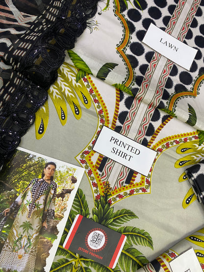 MARIAB BLACK TULIP |PRINTED LAWN WITH CHIFFON BORDER DUPATTA |3PC UNSTICHED