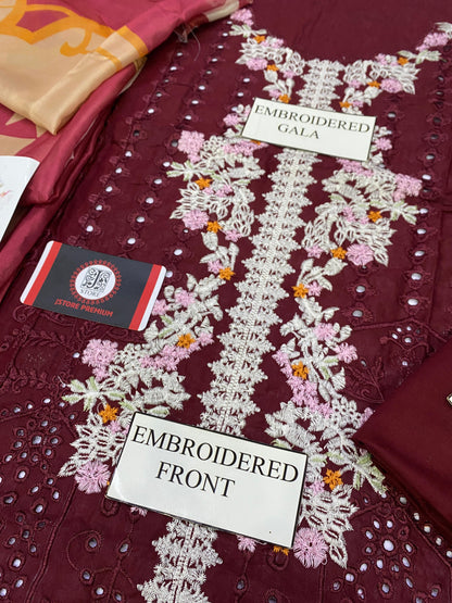 ELAF ROYAL MEHROON CHIKENKARI  |3PC UNSTICHED