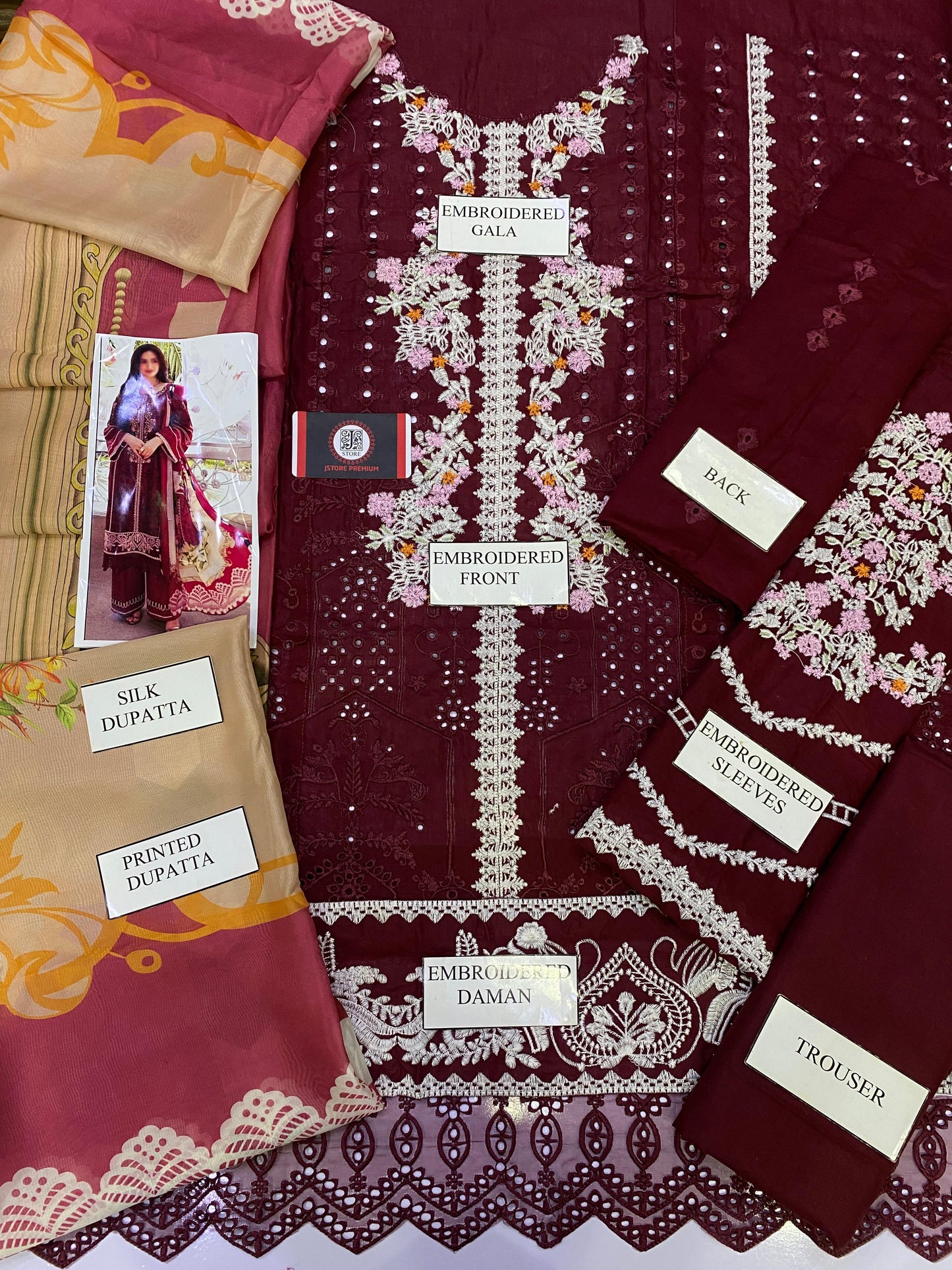 ELAF ROYAL MEHROON CHIKENKARI  |3PC UNSTICHED