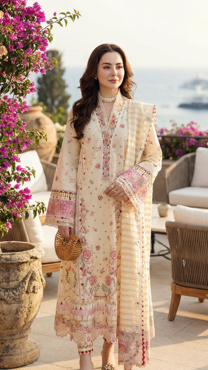 Qalamqar | Chikenkari Lawn Embroidery Orgenza Embroided Dupatta | 3pec Unstiched