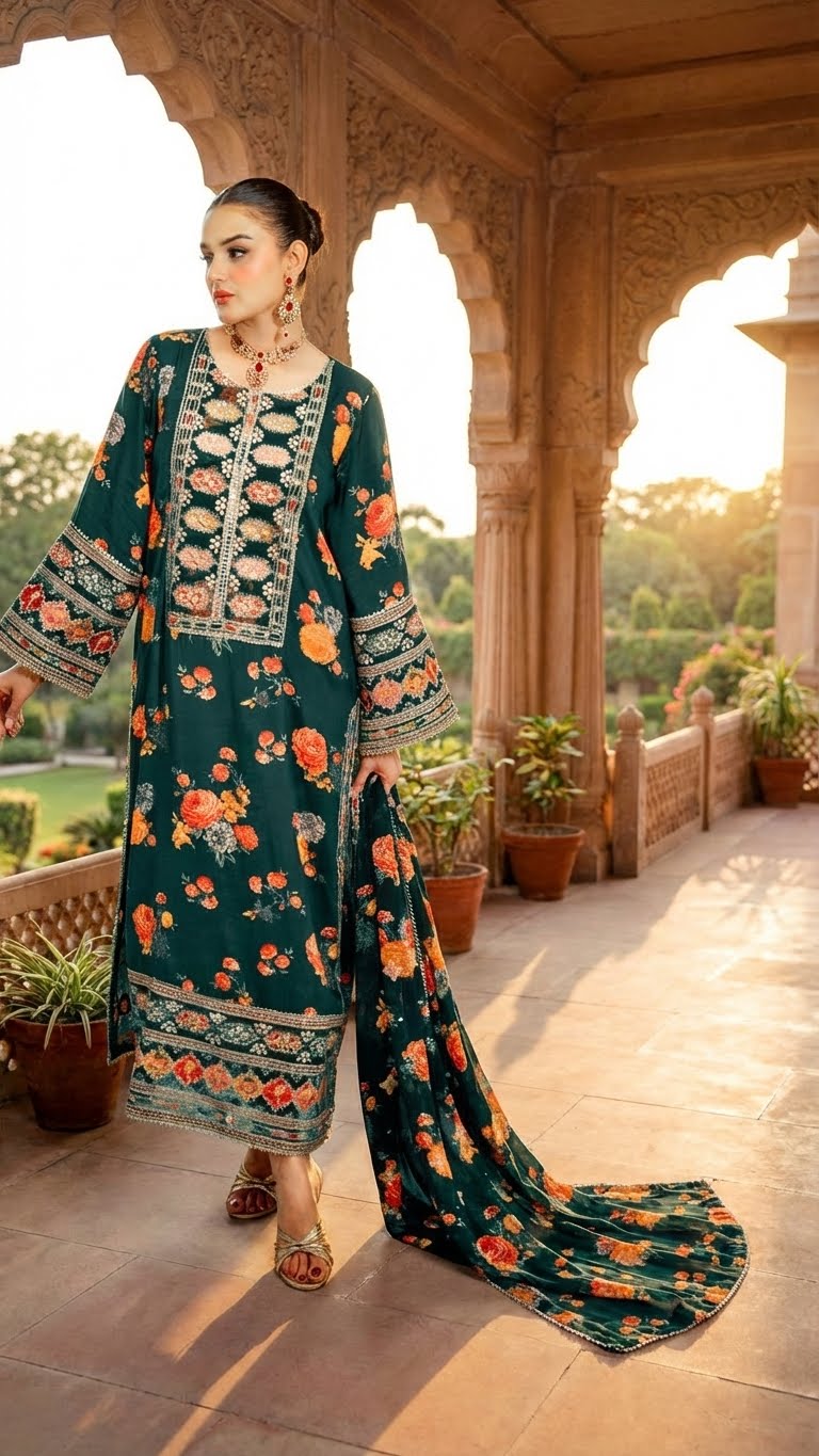 Aneela’s Luxury Silk Dress | 3pc Unstitched (Green)