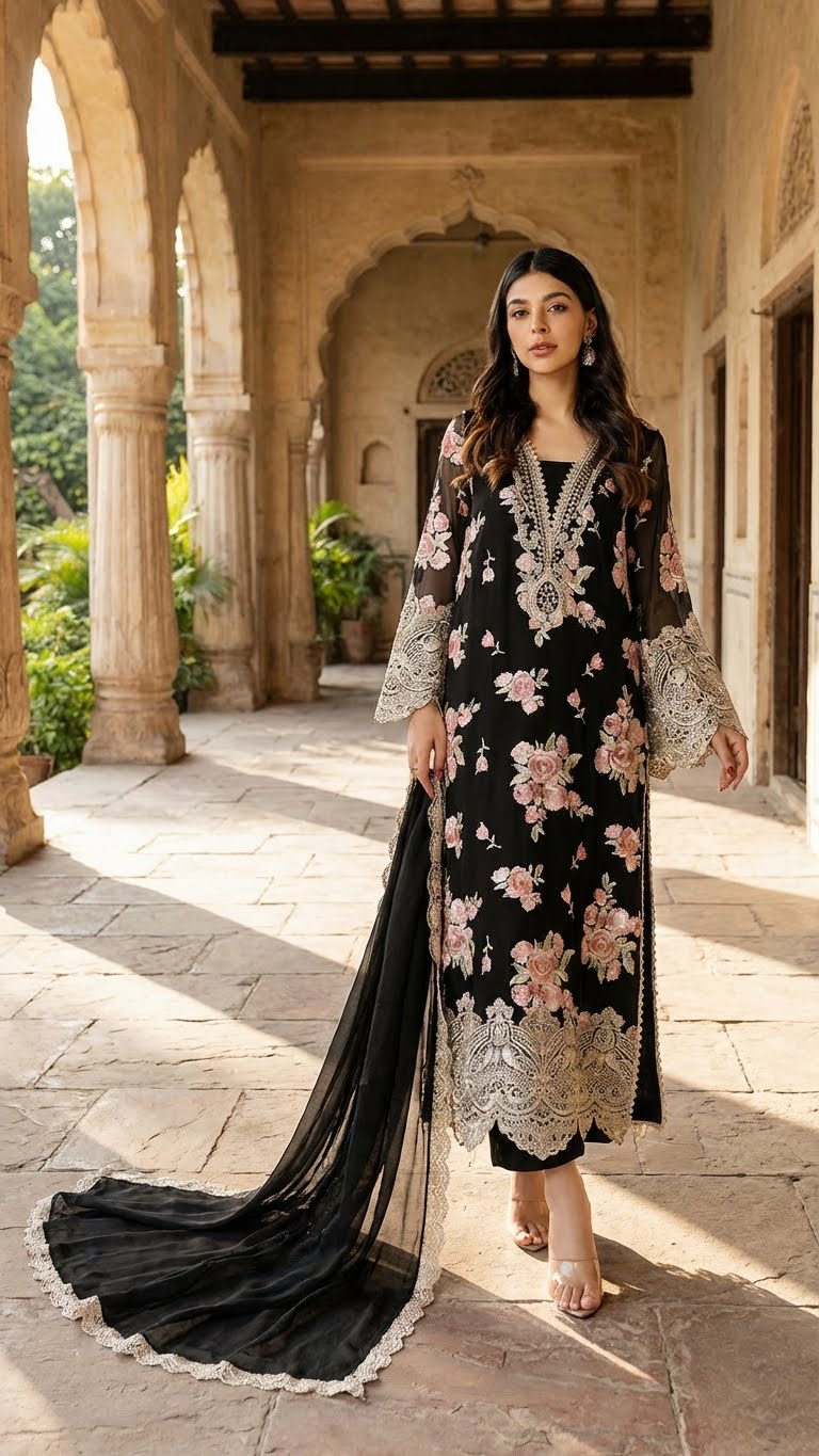ZAINAB CHOTTANI | BLACK WALTZ ROSE |3PEC UNSTICHED