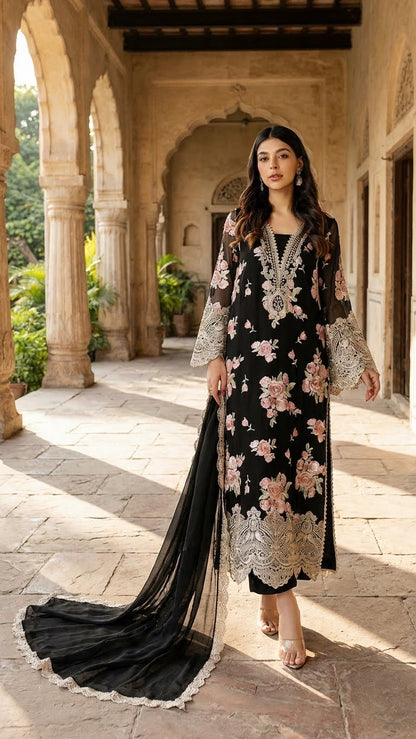 ZAINAB CHOTTANI | BLACK WALTZ ROSE |3PEC UNSTICHED