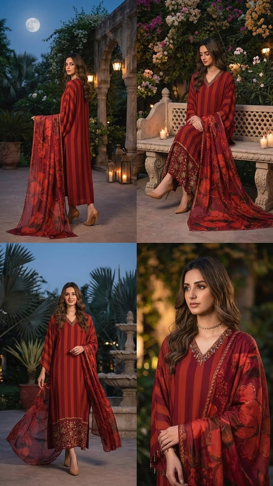 LULUSAR |IMPERIAL RUBY SHAMOOS SILK  |3Pec unstiched