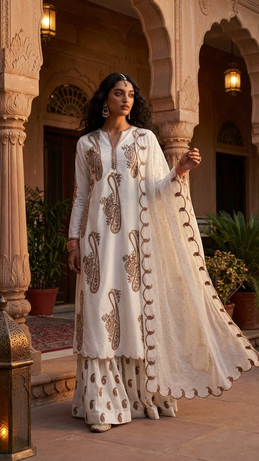 ZARA SHAH JAHAN | IVORY BLOSSOM WHITE |3Pec unstiched