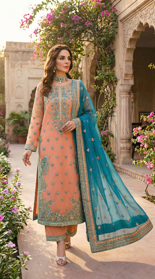 Akber Aslam | Peache Majesty Orgenza Dress 3pec Unstiched