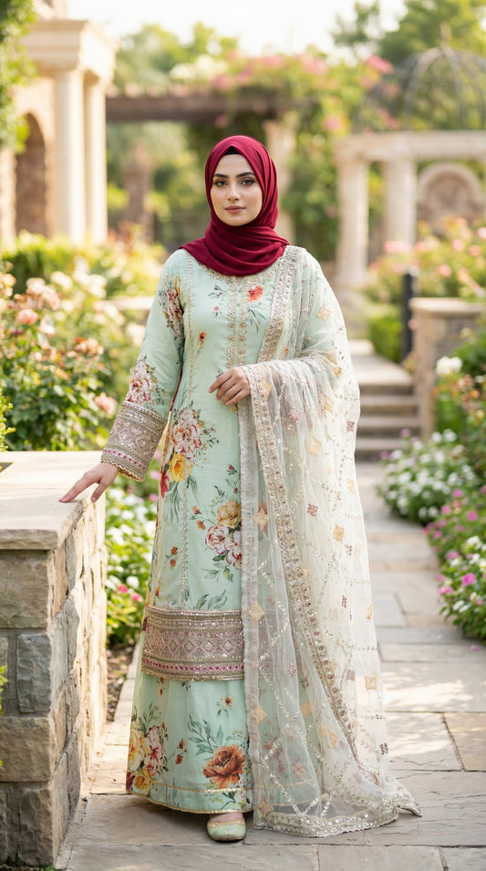 Jazmine | Mint Garden With Net Embroided Dupatta | 3pec Unstiched