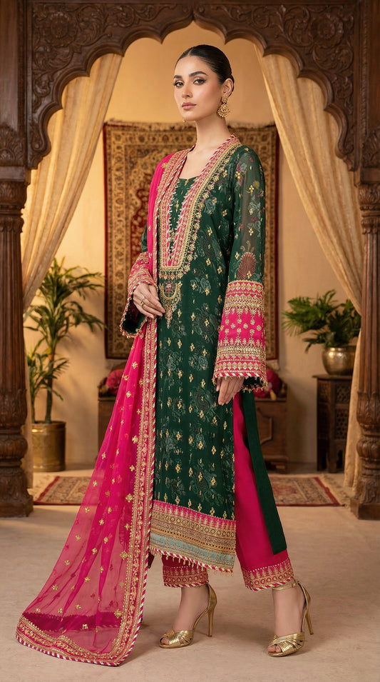 Barooq | Green Chiffon Emroided Dress