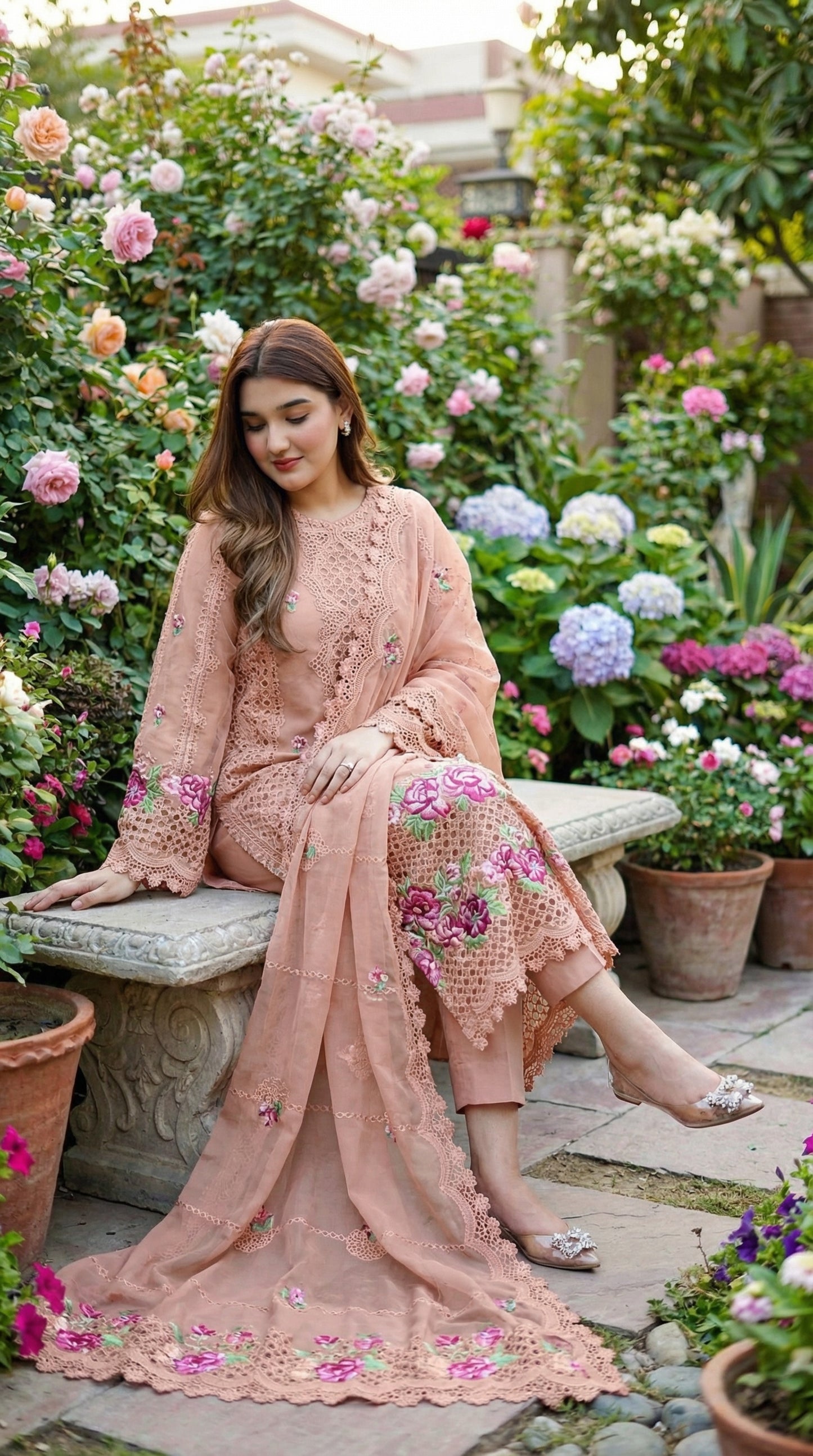 Aneela Premium Organza Embroidered Chikan Kari Dress