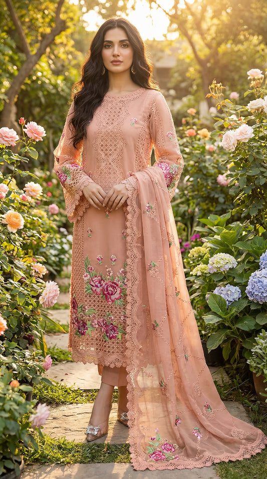 Aneela Premium Organza Embroidered Chikan Kari Dress