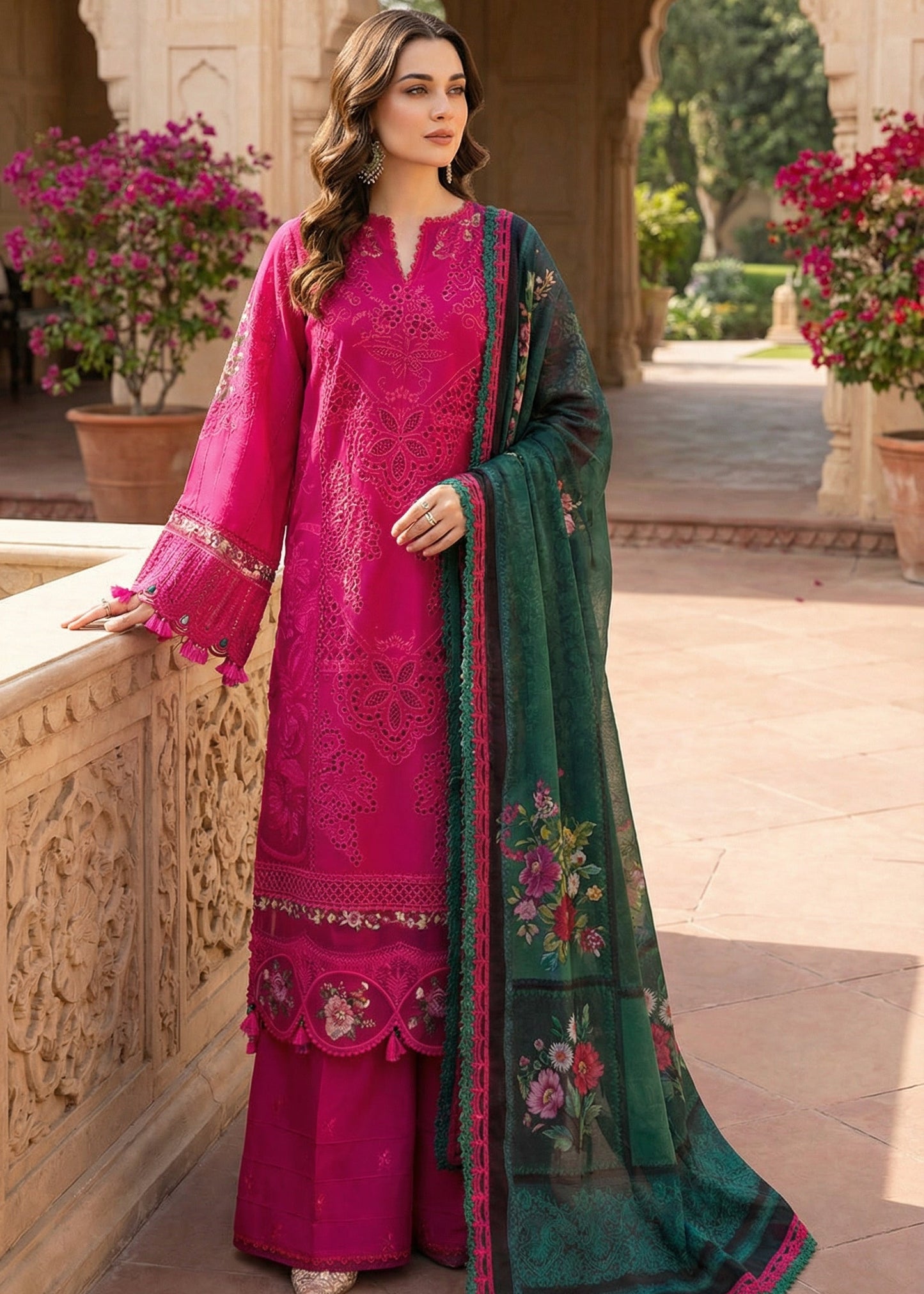 Saira Rizwan | Luxury Chikenkari Lawn Printed Silk Dupatta  | 3piece Unstiched