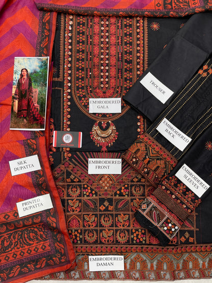 Maryam | Black N Orange Luxury Chikenkari Lawn With Silk Dupatta  | 3pec Unstiched