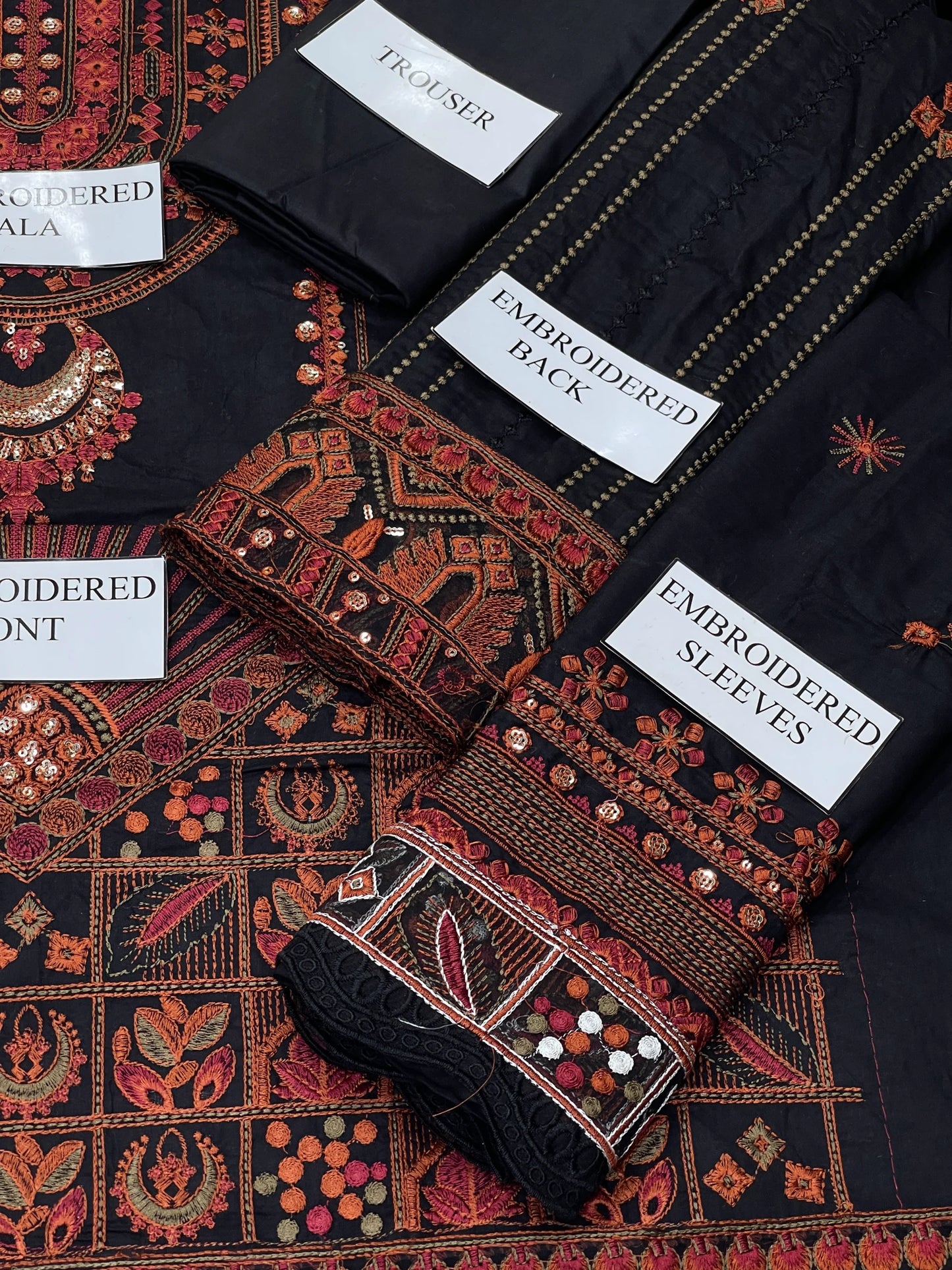 Maryam | Black N Orange Luxury Chikenkari Lawn With Silk Dupatta  | 3pec Unstiched