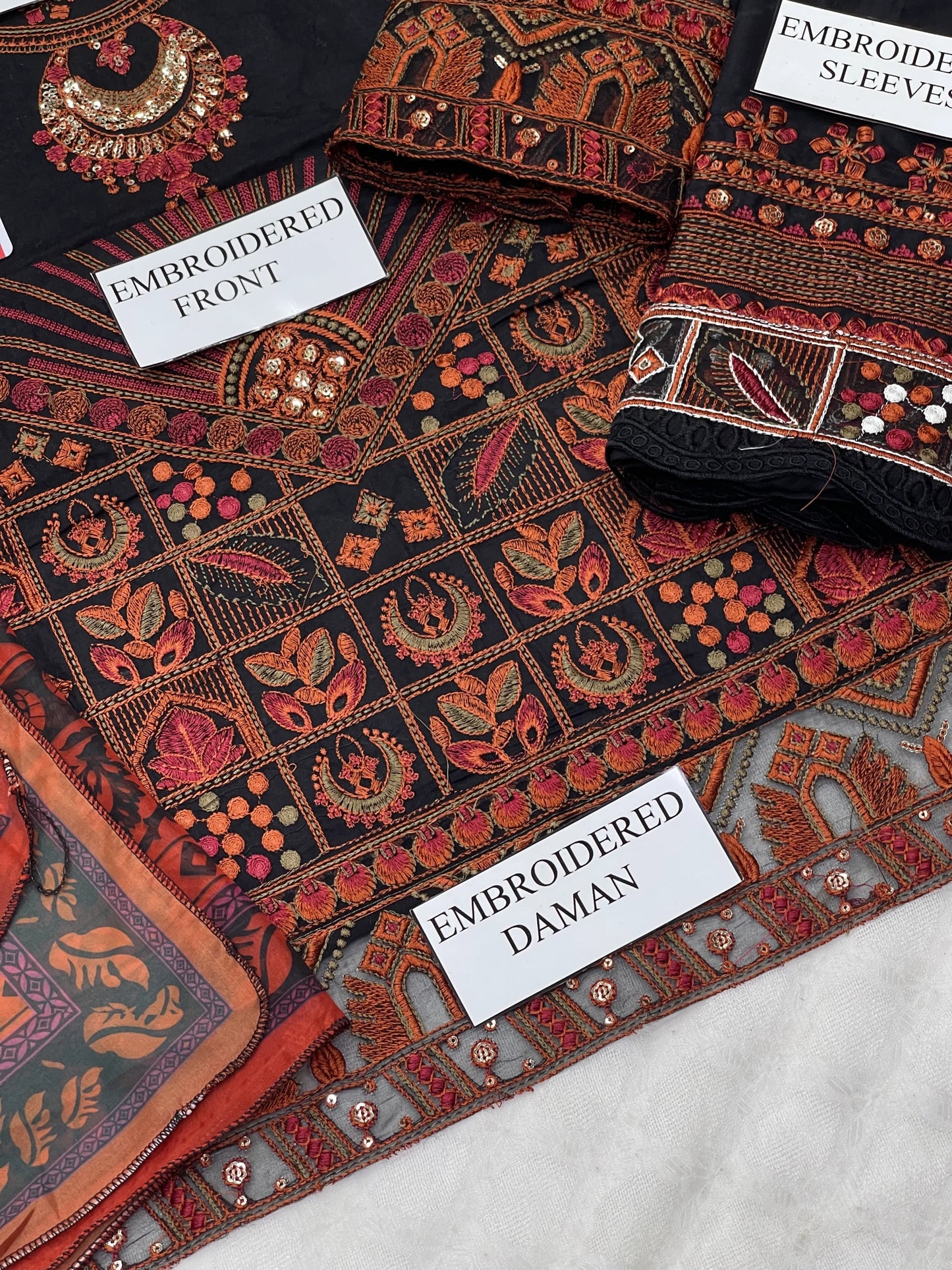 Maryam | Black N Orange Luxury Chikenkari Lawn With Silk Dupatta  | 3pec Unstiched