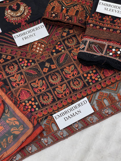 Maryam | Black N Orange Luxury Chikenkari Lawn With Silk Dupatta  | 3pec Unstiched