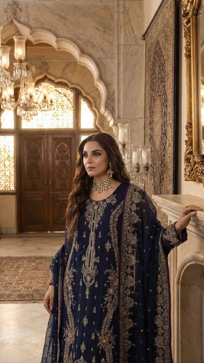 CHARIZMA | BLUE AURA CHIFFON EMROIDED DRESS |3Pec Unstiched