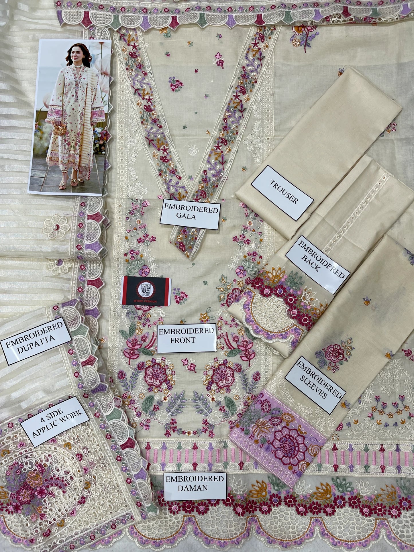 Qalamqar | Chikenkari Lawn Embroidery Orgenza Embroided Dupatta | 3pec Unstiched