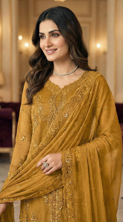 AZURE | MASTARD CHIFFON DRESS PHASE  |3PIECE UNSTICHED