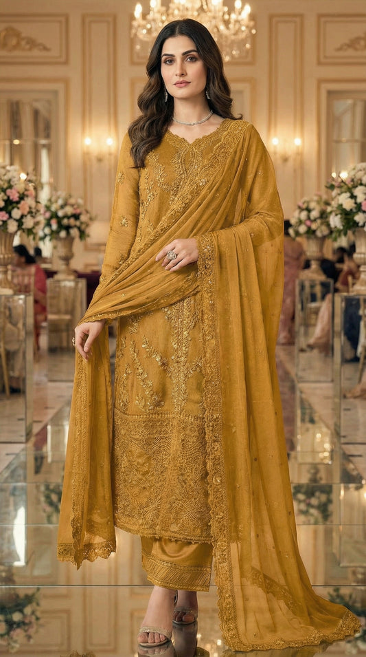 AZURE | MASTARD CHIFFON DRESS PHASE  |3PIECE UNSTICHED