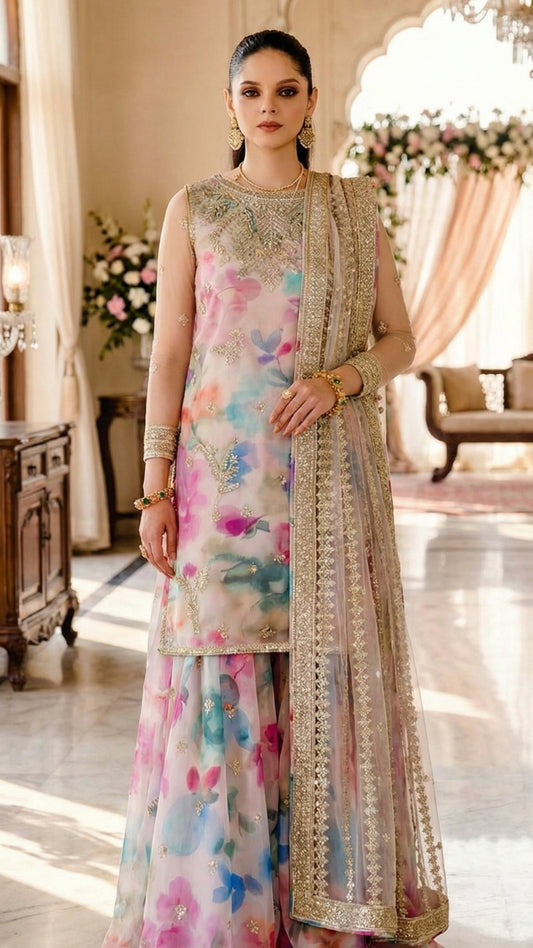 Jazmine | Multi Shade With Heavy Embroidered Net Dupatta | 3pec Unstiched
