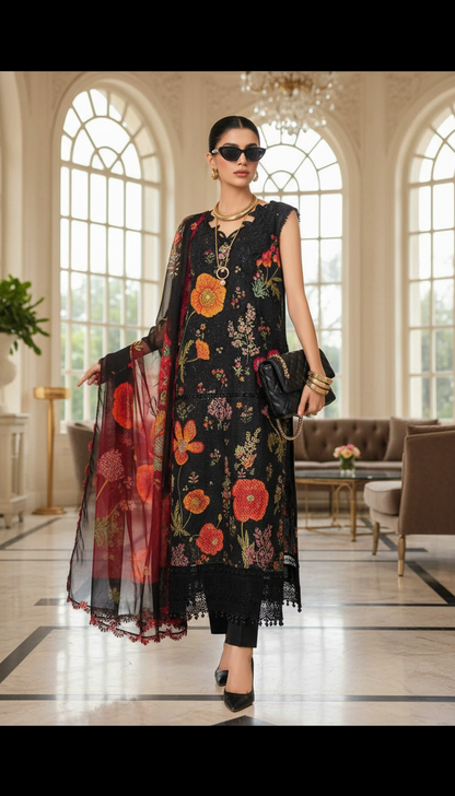 Maria B | Black With Flower Embroided Lawn | Chiffon Dupatta | 3pec Unstiched