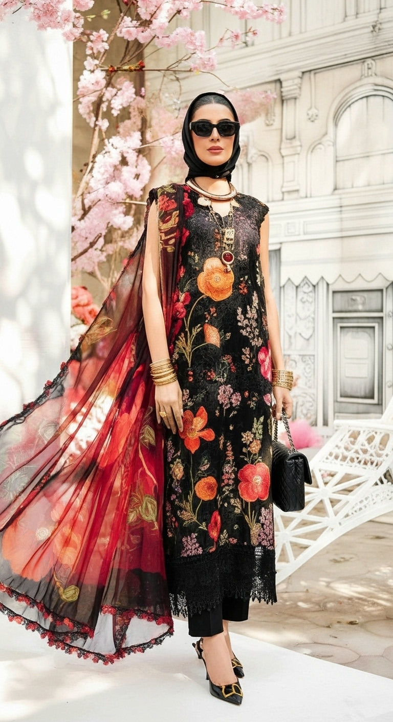 Maria B | Black With Flower Embroided Lawn | Chiffon Dupatta | 3pec Unstiched