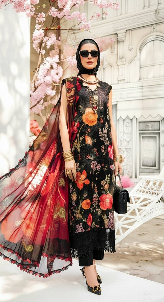 Maria B | Black With Flower Embroided Lawn | Chiffon Dupatta | 3pec Unstiched