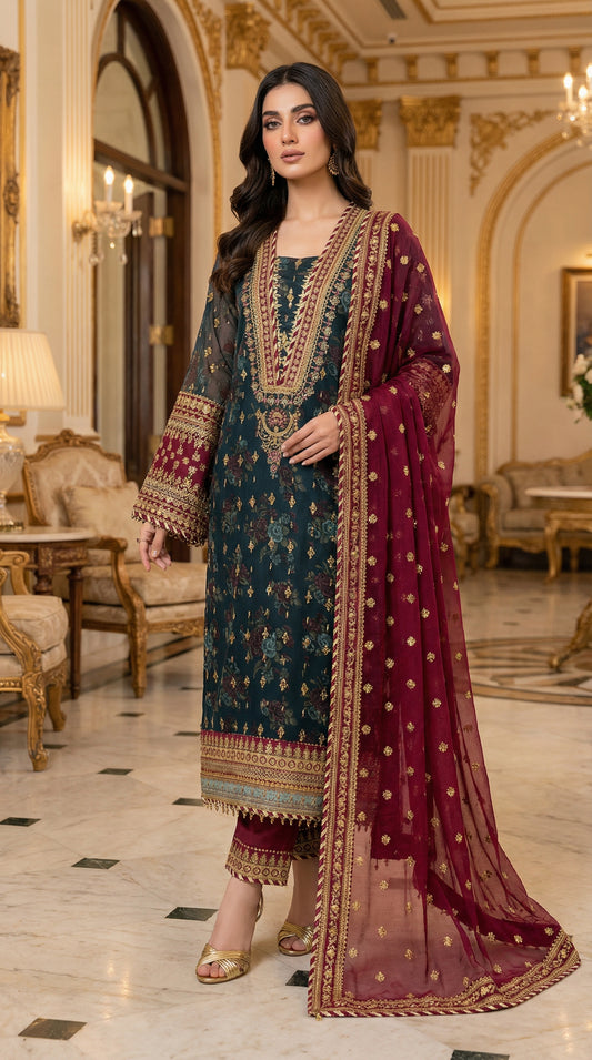 Barooq | Chiffon Emroided Dress | 3pec Unstiched