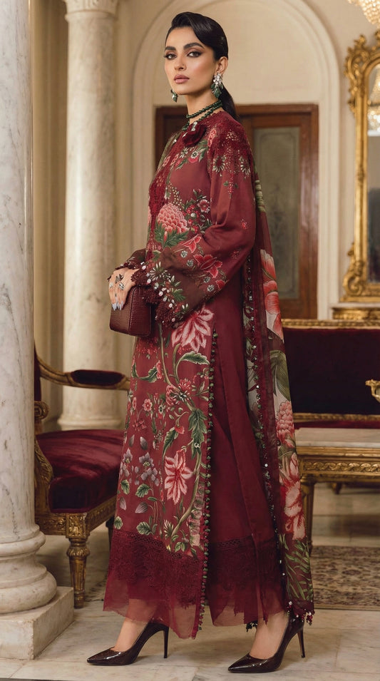 MARIAB EMBROIDED LAWN WITH CHIFFON DUPATTA |3PEC UNsTICHED