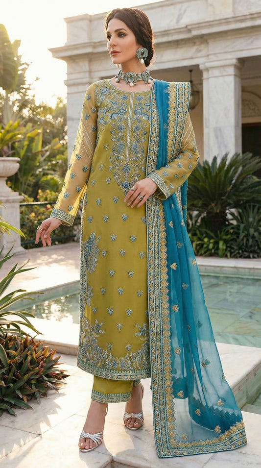Akber Aslam | Dhani Orgenza Emroided | 3pec Unstiched