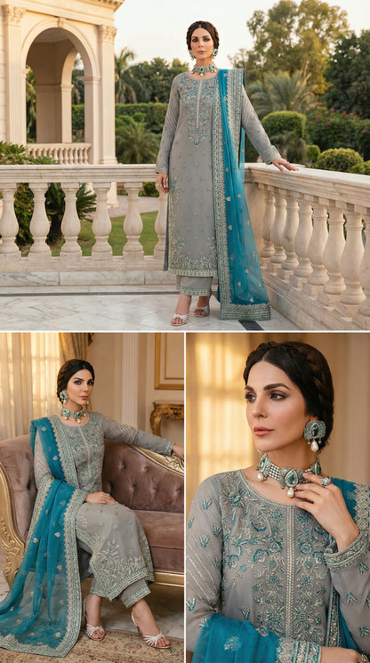 Akber Aslam | Grey Orgenza Emroided | 3pec Unstiched