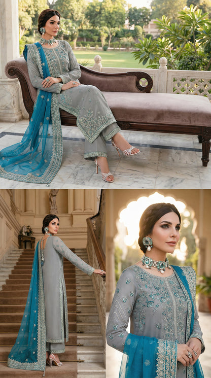 Akber Aslam | Grey Orgenza Emroided | 3pec Unstiched