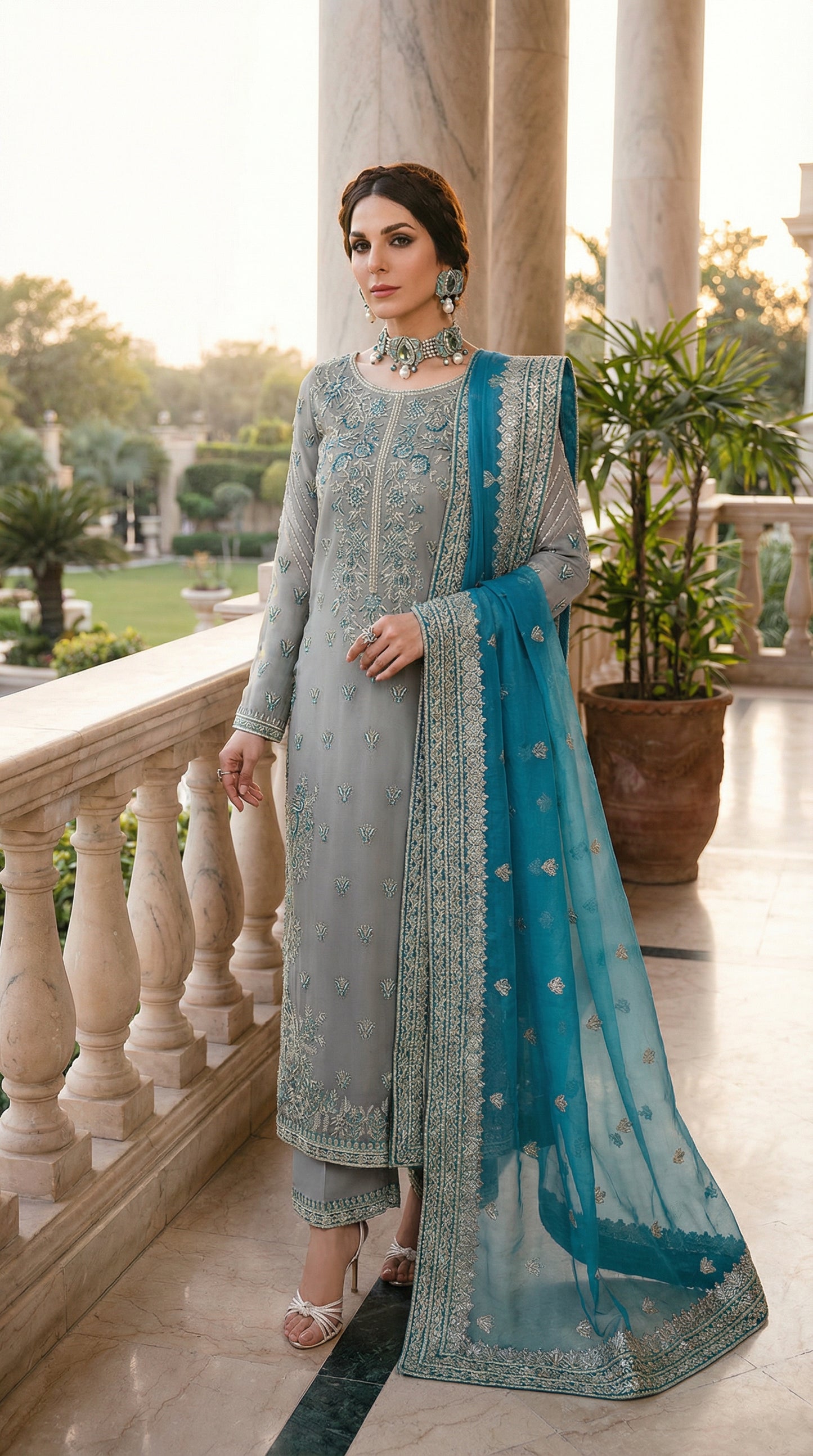 Akber Aslam | Grey Orgenza Emroided | 3pec Unstiched