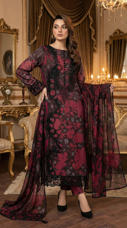 Ramsha Lawn With Chiffon Embroided Dupptta |3Pieces Unstiched