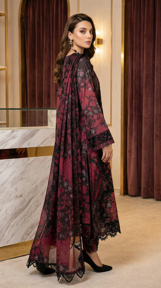 Ramsha Lawn With Chiffon Embroided Dupptta |3Pieces Unstiched