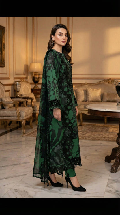 RAMSHA LAWN WITH CHIFFON EMBROIDERD DUPATTA |3PIECE UNSTICHED