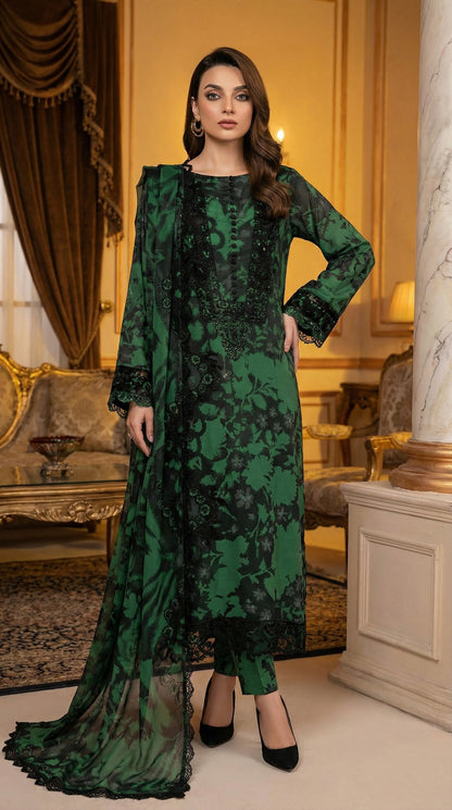RAMSHA LAWN WITH CHIFFON EMBROIDERD DUPATTA |3PIECE UNSTICHED