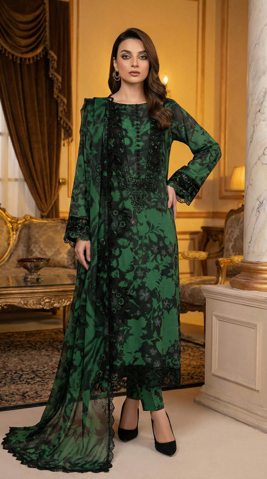 RAMSHA LAWN WITH CHIFFON EMBROIDERD DUPATTA |3PIECE UNSTICHED