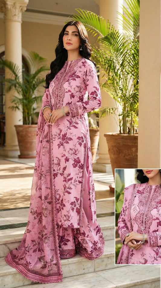 Aneelas SOFT PINK Lawn 9MM WITH Chiffon  DUPATTA |3PEC UNsTICHED